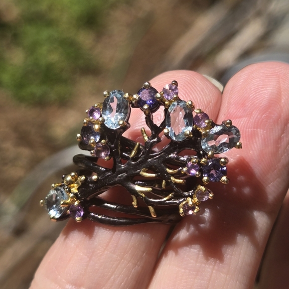 πHOST PICK π Blue Topaz Lolite & Amethyst Sterling Rhodium & Gold ring sz6.75 - Picture 5 of 13
